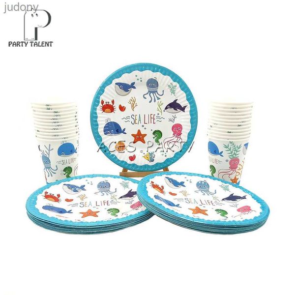 Tavoli da tavolo in plastica usa e getta 48 Pieni di forniture per feste per Ocean World Ocean Animal Party Childrens COMPATTO COMPETTO SET 24 piatti e 24 bicchieri WX