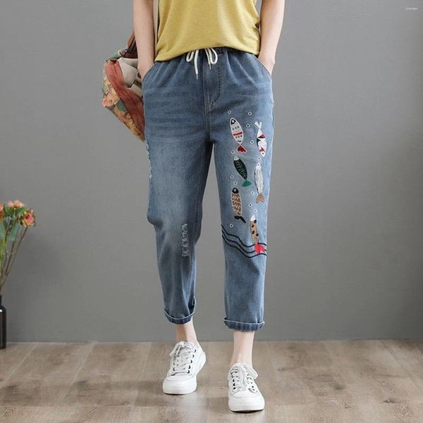 Kadın Kot Kargo Pantolon Kadın Nakış Elastik Yüksek Bel Kesme Koreli Sokak Giyim Retro Pantolon Pantalones de Mujer