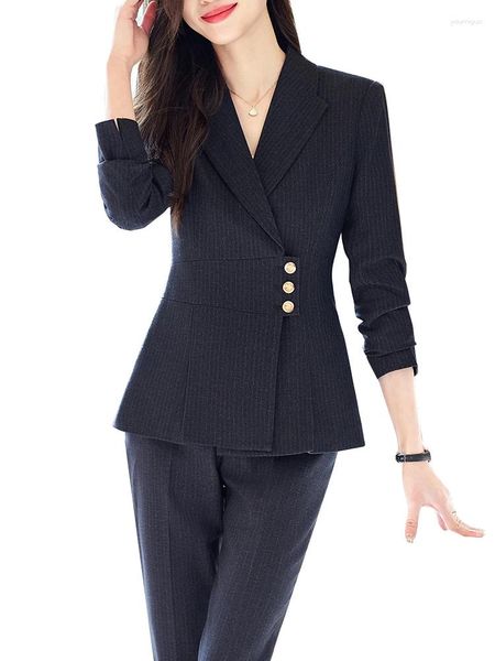 Zweiteilige Hosen für Frauen grau schwarz blau gestreifte elegante Frauen heilen Anzug Damen weibliche Blazer und Hosen formelle 2 Set für den Herbst Winter