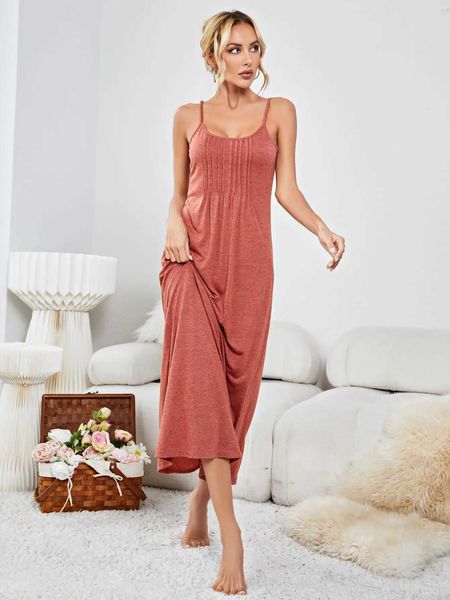 Frauen Nachtwäsche solide Brickred Damen Langes Nachthemd Spaghetti -Riemen Scroop Hals Slp Shirts Lose Lounge Slpwear Kleider Home tragen Anzug Y240426