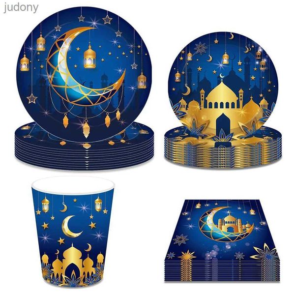 Einweg -Kunststoff -Tischgeschirr blau Eid al Fitr Mubarak Ramadan Muslim Feiertage Einweg -Bestecksets Tassen Teller Babyparty -Party -Dekorationen WX