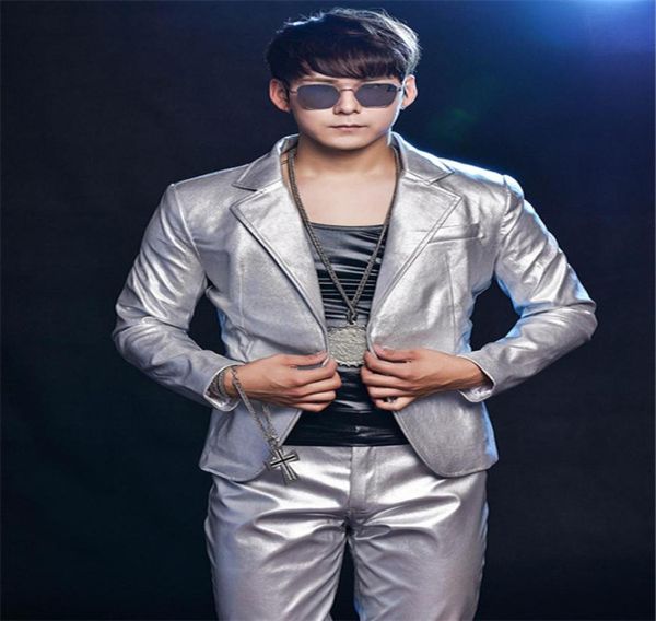 R63 Silver PU Men Suit Singer Stage Performance Wears DJ DJ Host Ballroom Dance Fantas