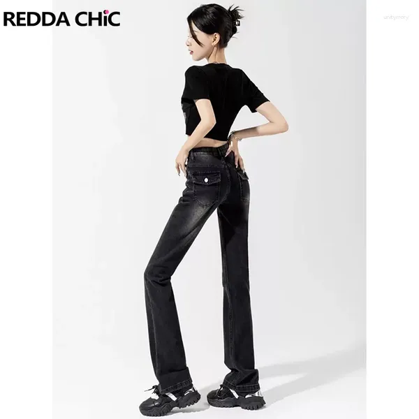 Jeans femininos Reddachic Goth Black reta Women Casual Pants de volta com bolsos de aba Harajuku Streetwear Slim High Rise Ladies Troushers
