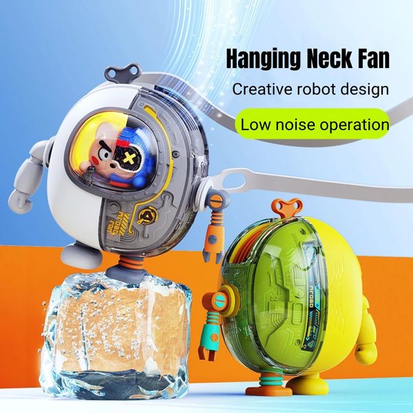 Cool mecha robot mini fã de pescoço sem lâmina para crianças USB recarregável portátil portátil sem fio elétrico de resfriamento de ar fã 240418