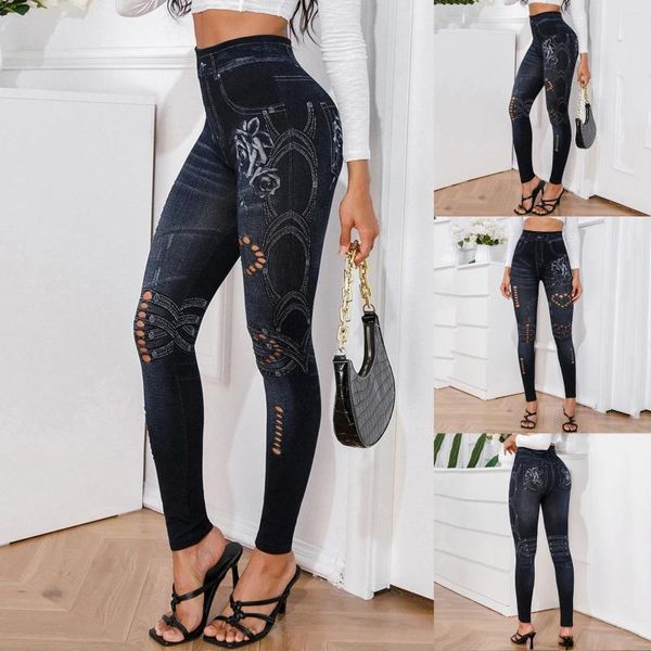 Jeans femininos Senhoras Sexy High Stretch Skinny Ripped Print Casual Faux Leggings Honeycomb Fabric