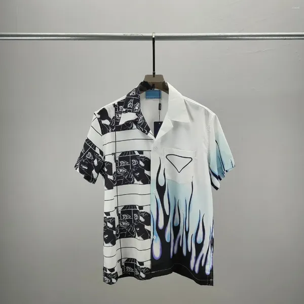 Herren lässige Hemden 2024 Sommer kurzärmeliges Hemd für Männer Retro Flammennähte Muster Design Hawaiian Beach Pajamacollar Seide