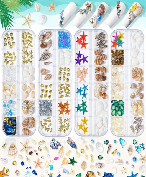 12 Latticebox Sea Blue Style Demortions Kit Mix Mix Starfish Aurora Shell Flake Conch Pearl Breavets Морские летние ногтя Adorn5353032