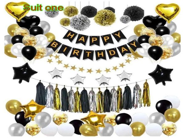 Black Gold Pulloon Pull Bandiera Layout di compleanno Fish Tassel Bandiera Nava Pallo Floro Balloon Pacchetto palloncino a cinque punti Decorat1582736