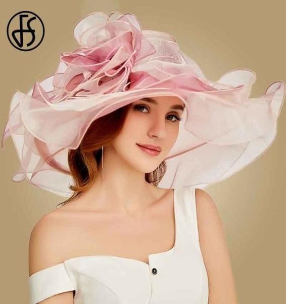 Fs rosa kentucky derby chapéu para mulheres organza chapéu de sol flores elegante verão grande abrangente ladies igreja de casamento fedoras t2006026374876