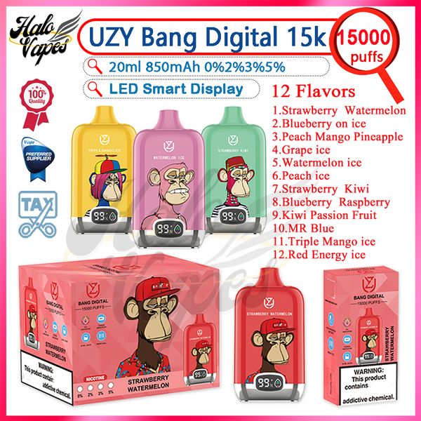 OriginalUzy Bang Digital Puff 15000 Einweg E -Zigarette 0% 2% 3% 5% Festigkeit 20ml Pod Wander