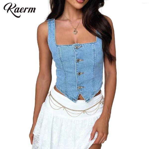 Frauen Tanks Womens Mode Button Down Denim Camisol Weste ärmellose Erntedach -Top Smock Rückenless Quadrathals unregelmäßiger Saum für den Sommer