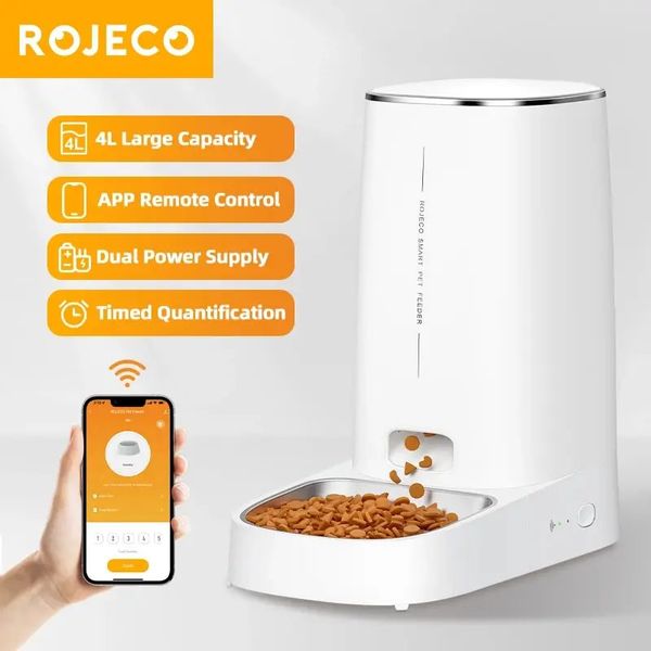 ROJECO Automático alimentador de gatos Pet Smart Cat Food Kibble Dispenser Remote Control Wi -Fi Button Feeder para acessórios para cães de gatos 240429