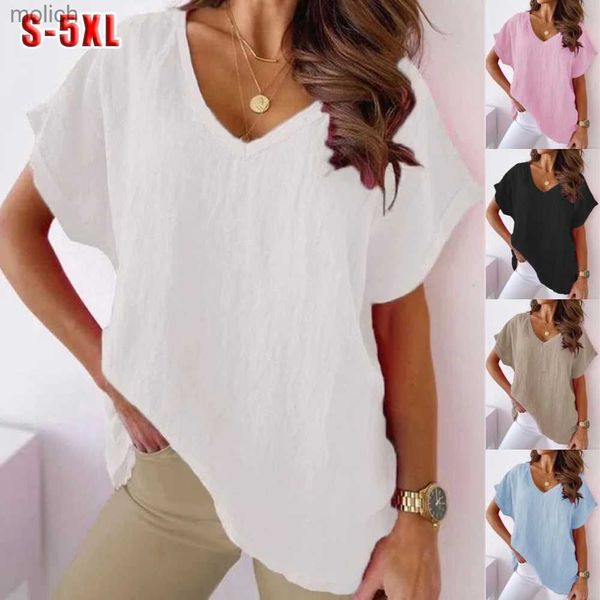 T-shirt femminile S-5xl T-shirt in cotone Khaki Top a maniche corta Summer Solido Shirt a V sciodo-Shirt White Simple T-shirt Nuovo Womens Topwx