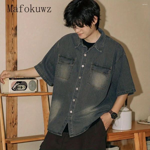 Мужские повседневные рубашки японская ретро вымытая джинсовая рубашка