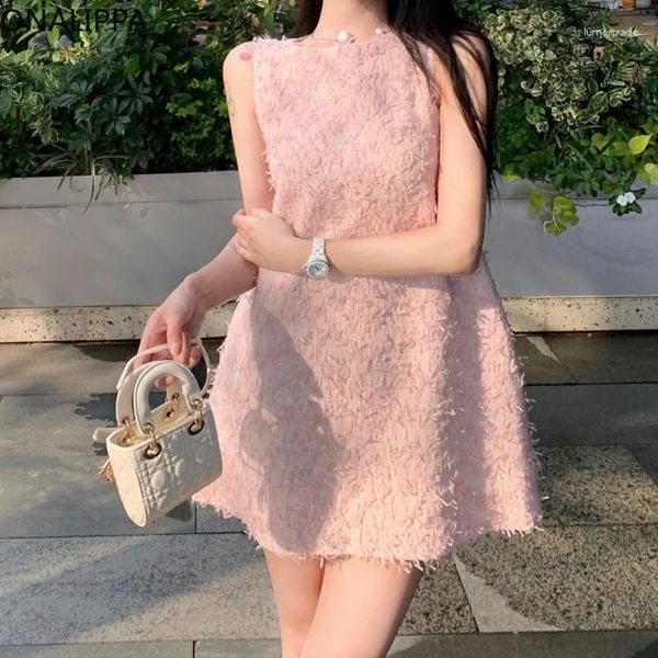 Повседневные платья Onalippa Petal Tassel Мини -платье для женщин маленький аромат рукавиц твердый розовый корейский сладкое