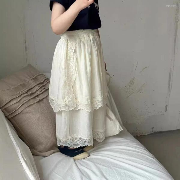Calças meninas cloottes de renda 2024 Verão coreano Crianças roupas chiffon Fake Two Moda All Matching