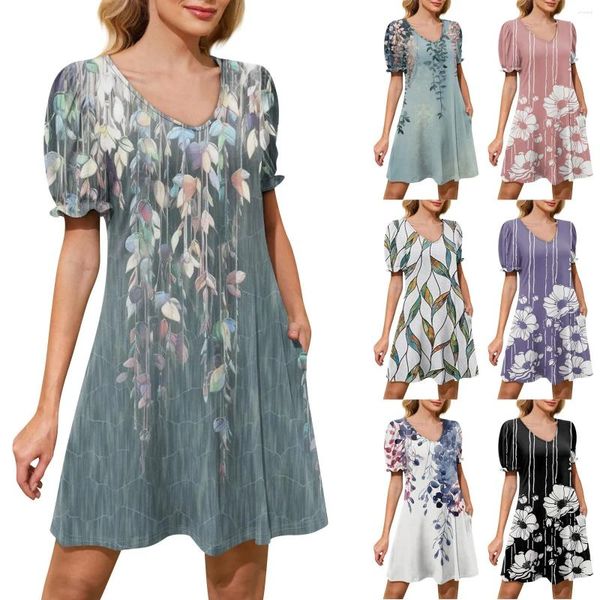 Lässige Kleider Frauen Puff Kurzarm V Hals Cocktailkleid mit Taschen Sommer schlanker jugendlicher Vestidos Cortos