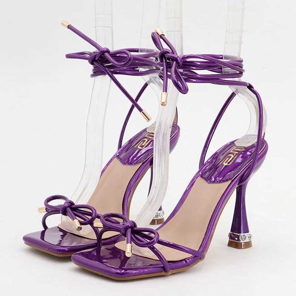 Scarpe eleganti sexy tacchi alti con cinturino da 9 cm Donne Summer Wok Cok Cokal Sandals Purple Stripper Up Gladiator Prom Plus Taglia 42 H240430