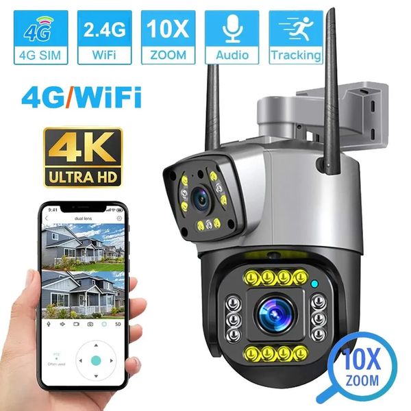 Dual Objektiv 4G IP -Kamera WiFi 8MP 4K Überwachungskameras Wireless Outdoor Smart Home Nacht Vision V380 Digital Zoom CCTV Camara 240430