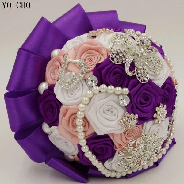 Fiori decorativi Fashion Fashion fatti a mano Brideflower Bouquet Diamond Gioielli Rhinestone Crystal Crystal Purple Artificial Wedding Bouquet