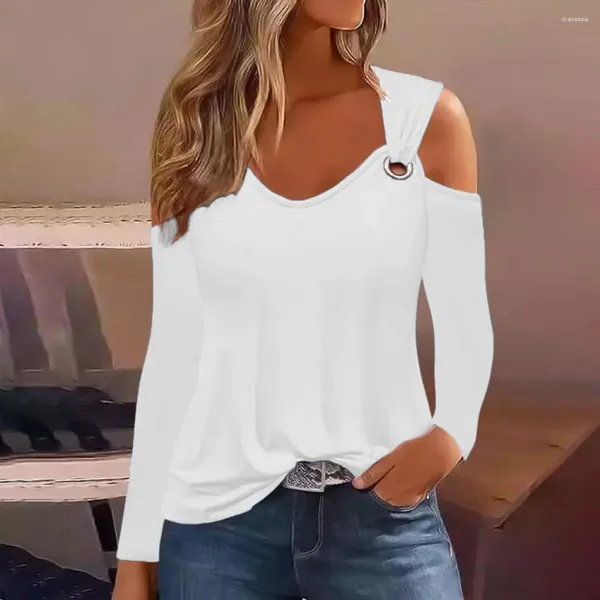 Frauenblusen Off-Shoulder Top Blumen gestreiftes V-Ausschnitt Bluse Stylish Metal Hoop Casual für Frauen Frühling Herbst Feste Farbe