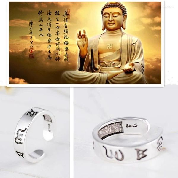 Rings Cluster Classic Donne Mantra a sei caratteri Ring Dimensione aperta Scritture buddiste Trendy Scritture Cuore Sutra Text Blessing Index di Fingamulet