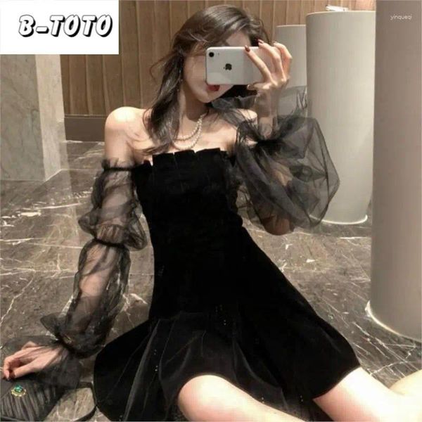 Lässige Kleider B-Toto Schwarzer Retro-Kleid Bubble Sleeve Rock trägerloser Taillieren geschwollen Frauen koreanische Mode 2024