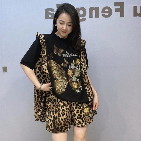 Trass de pilotes femininos de duas peças conjuntos de desenhos animados com leopardo com borboleta com mangas curtas curtas de camiseta 2 set mulheres de verão chiffon s