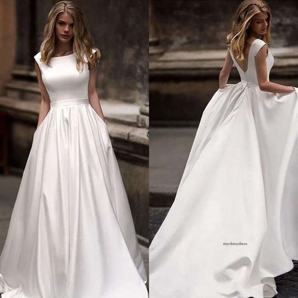 Neuankömmling billige Plus -Größe Kleider mit Taschen -Satinfalten bodenlange Brautkleider Hochzeitskleid Vestido de Novia 0430
