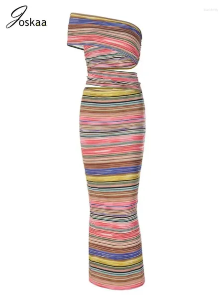 Lässige Kleider Joskaa Bunt gestreifte Druck Maxi Frauen sexy Schrägkragen Rückenfreie Split Bodycon Kleid 2024 Party Clubwear