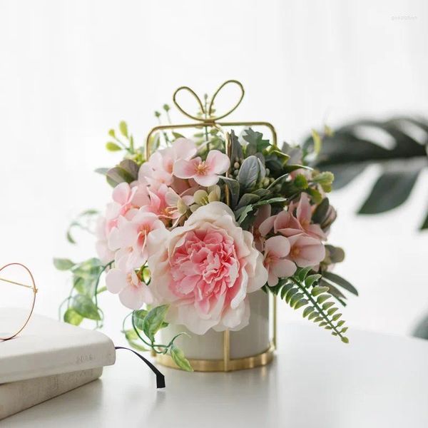 Flores decorativas Flor artificial nórdica com vaso de cerâmica rosa dourada de plantas peônias simuladas falsas