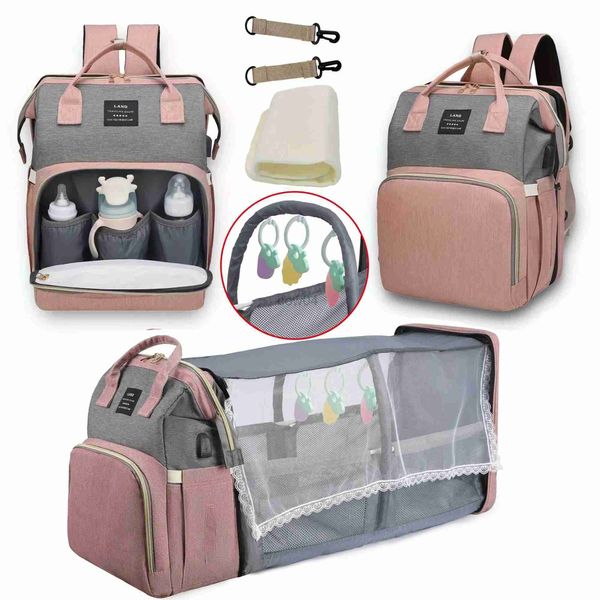 Сумки для подгузников мама детская сумка для подгузника рюкзак с переоборудованием подушкой оттенок комара сетка мокрое и сухое перевозка USB -зарядная коляска для порта подвесная сумка бесплатно D240429