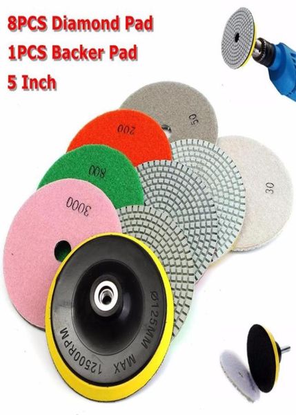 9pcslot 5 Zoll Diamant Polishing Pad Set Granit Marmorbetonstein Fliesen Nass trocken für Granitbeton Marmor Ston9448599