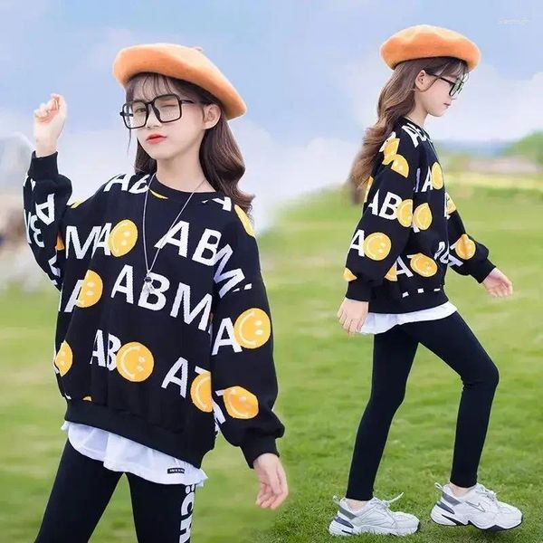 Roupas Conjuntos de roupas Moda de moda da primavera e outono Crianças menina de manga longa Hoodies moletom calça de duas peças para adolescente de 5 a 13 anos