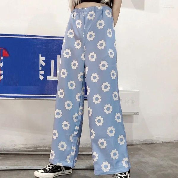 Pantaloni da donna Donne più taglie Punk Stile 2024 Summer Casual Floral Stampato a vita alta Pantaloni a gamba luminosa