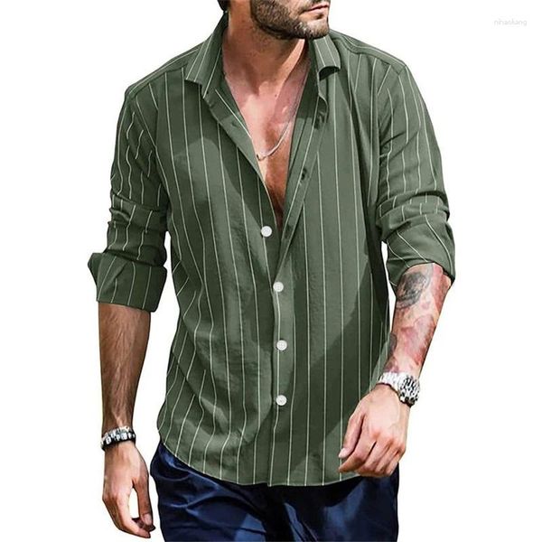 Camisas casuais masculinas de tamanho grande listrado de manga longa de manga comprida