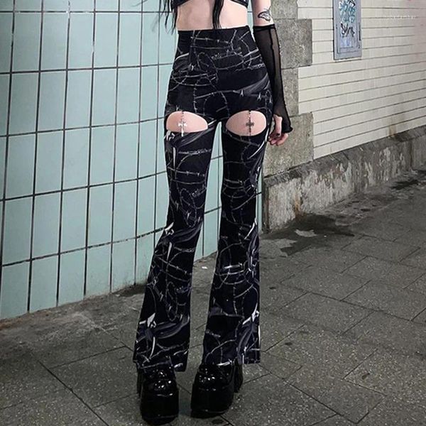 Calça feminina Gothic Hollow Out Black Flare Punk Cross Mental Print Troushers Street Harajuku Mulheres transparentes sexy magras