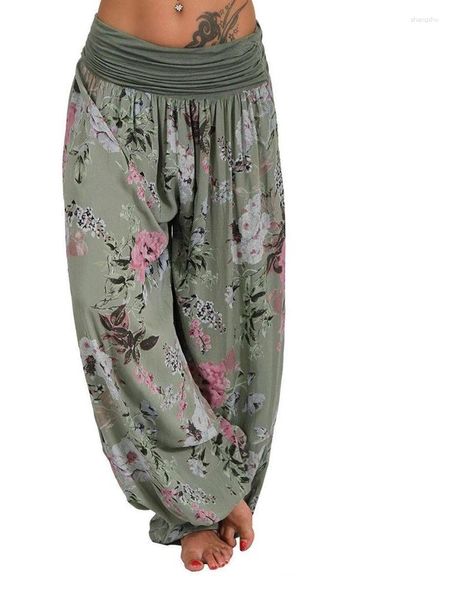 Calça feminina feminina feminina bohemiana estampa floral elástica cintura boho praia