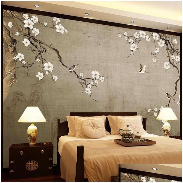 Sfondi carta da parati vintage sfondi 3d dipinto a mano in stile cinese blossom fiore uccello polo murale murale soggiorno tv divano divano da fondo drun de dhlps