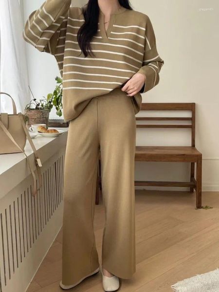 Frauenhose Frauen Mode elegante lässige Strick-Hosenanzug Streifen Vintage Lose Pullover Tops Wide Leg Zwei Stücke Set Female Outfits