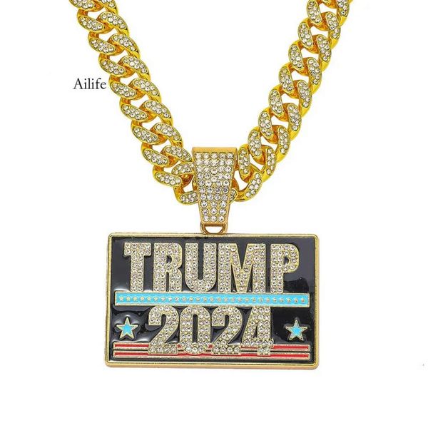 Creative Trump 2024 Full Diamond Fashion Personality Cipt Cuban Chain Necklace 0430