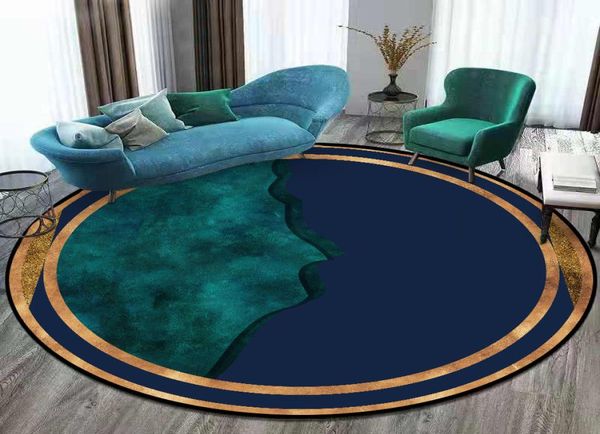 Halılar Oturma Odası için Halı Modern Koyu Mavi Yeşil Altın Desen Lüks Yuvarlak Halı Polyester Paspasları Yatak Odası Dekor8883422