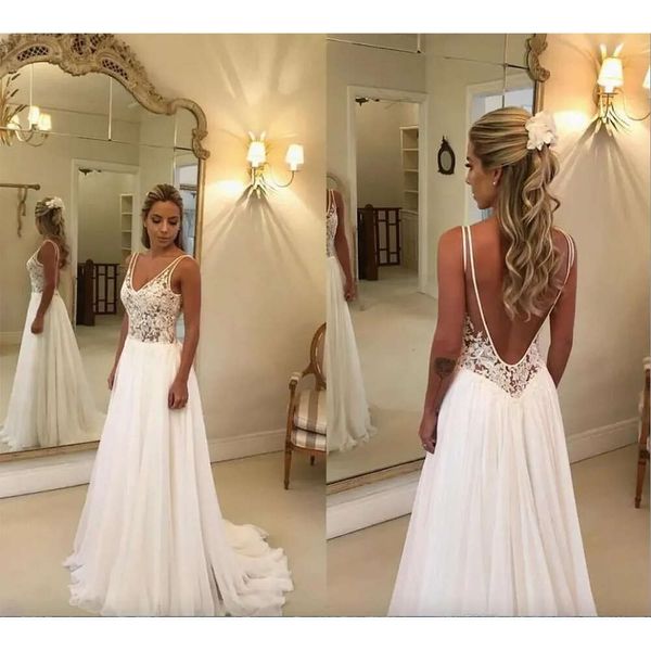 Abiti da spiaggia in pizzo Appliqued a buon mercato V collo a una linea sexy boho abito da sposa a rilievo spazzano abiti da sposa da giardino personalizzato