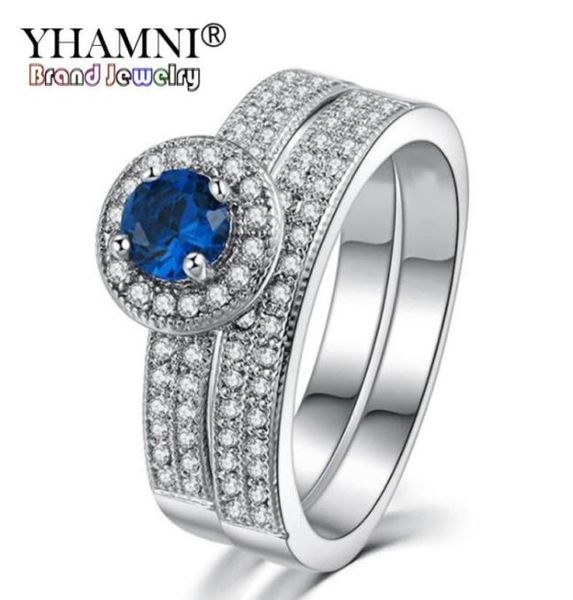 Yhamni Original Natural 100 925 Anéis de prata para mulheres Set Top 1 CT 6mm Blue Gem CZ Anéis de casamento de diamante Fine R00799161242847059