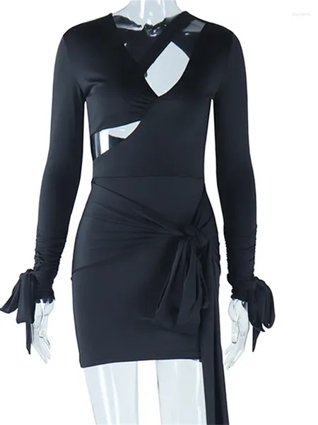 Lässige Kleider 2024 sexy Verband Hollow Out Black White Mini Kleid für Frauen Herbst Winter Langarm Schnüre -up Bodycon Nachtclub Party