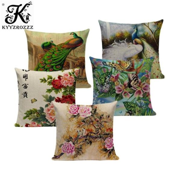 Capas de almofada decorativa de flores clássicas chinesas de pavão linho colorido colorido de pavão na capa do sofá -assento têxtil6772507