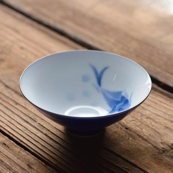 Tee Tassen Blau glasierte Hut Tasse Unterglasur Bunte Orchidee Große Schüssel Master Karpfen Keramik Noyz48