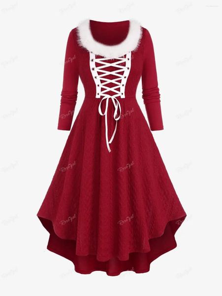 Abiti casual rosegal Rosegal Plus size Fluff Collar Knited Deep Red Abet Abito da maglione Donne Autunno Inverno Ruffles Midi Vestidos 5x