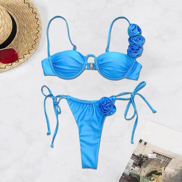 Suspenseiro de moda de banho feminina Suspender Swimsuit Floral Print Bikini Set Lace com Briefes de Lace-Up Bra-Up Braved 3D para Quick