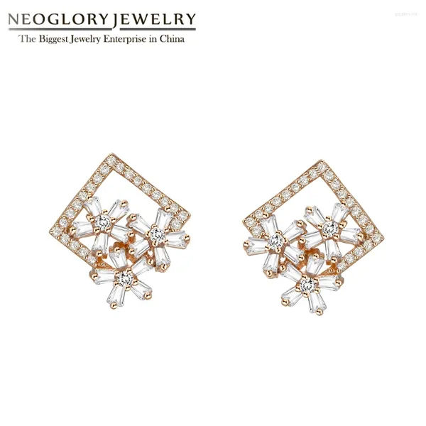 Orecchini per borchie Neoglory Charm Cz White Flowers in Squar for Women Elegant Gold Color Wedding Party Bridal Jewelry Gift da sposa